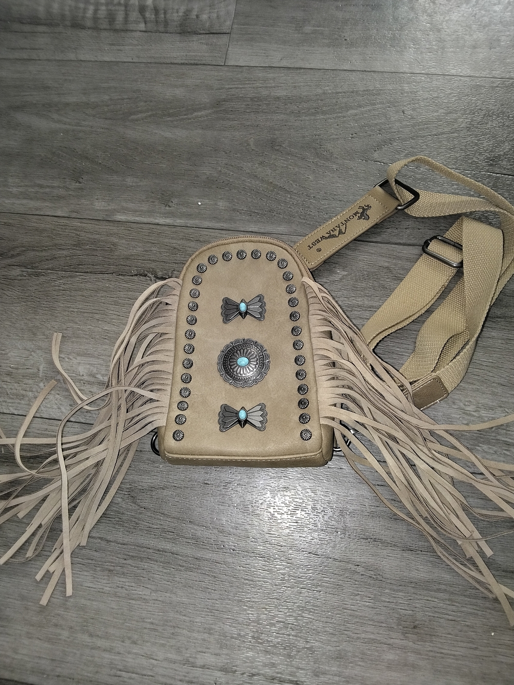 Montana West Taupe Fringe Crossbody with Turquoise Accents